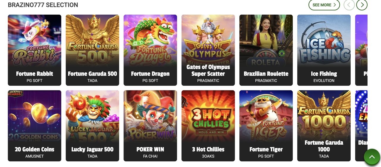 Seção Brazino777 Selection na versão em inglês do site com Fortune Rabbit, Fortune Garuda 500, Fortune Dragon, Gates of Olympus Super Scatter, Brazilian Roulette, Ice Fishing, 20 Golden Coins, Lucky Jaguar 500, Poker Win, 3 Hot Chillies, Fortune Tiger e Fortune Garuda 1000